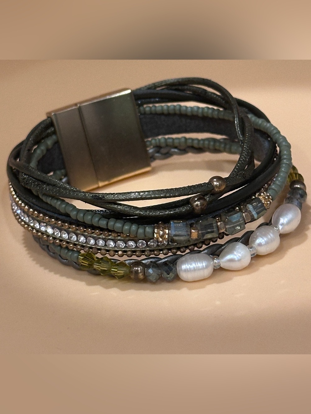 Multi-Strand Beaded Wrap Bracelet in Olive Green and Pearl